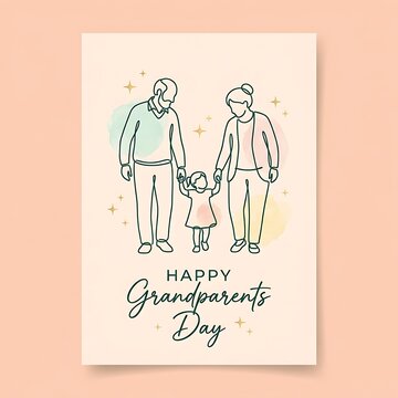 Happy grandparents day greeting card with a continuous line art drawing of grandparents holding hands with their granddaughter on a soft pastel background