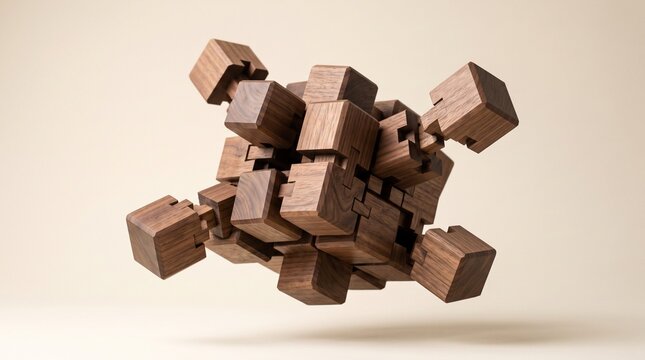 Floating Interlocking Wooden Cube Structure for Innovation Integration and Business Systems Concept