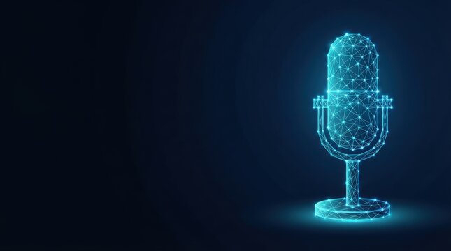 Isolated 3D-rendered microphone with geometric mesh design on dark gradient backdrop, studio lighting, top-down camera angle, futuristic tech mood.