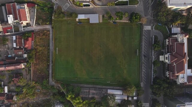 Morning aerial view of the football field of the integrated campus of the Islamic University of Indonesia, the first and oldest national private university in Indonesia located in Yogyakarta.