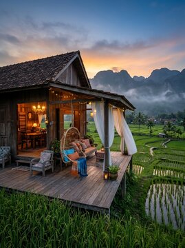 Wooden house in rice fields