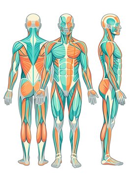 Human muscular system diagram showing front back and side views