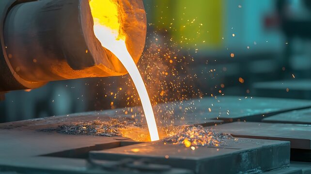 Molten metal pouring from industrial crucible into a casting mold creating bright sparks and intense heat in a heavy manufacturing factory