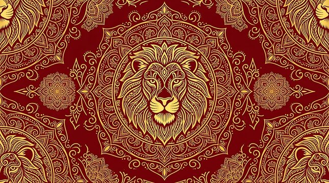 Ornate golden lion head mandala pattern on dark red background