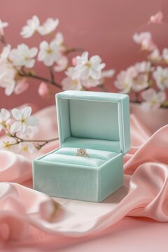 Mint green ring box with solitaire diamond on satin and cherry blossoms for mother's day vertical mockup poster and gift background