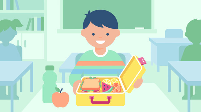 Happy boy holds open lunchbox with sandwich and fruit. Bright classroom setting with empty desks and green boards. Child smiles, showing cheerful, carefree mood. Ideal for school, nutrition