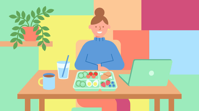 Woman smiles, enjoying healthy meal and laptop. Colorful background adds cheerful, modern feel. Simple table holds drink, meal, and open computer. Ideal for wellness, remote work