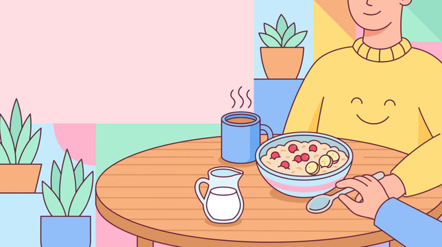 Cozy breakfast scene with warm colors and smiling figure. Person enjoys cereal, milk, and coffee on wooden table. Small plants add fresh, tranquil vibe to colorful background