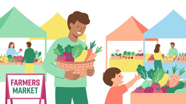 Colorful market scene with smiling people. Father and child enjoy fresh produce together. Vibrant tents line the bustling farmers' market. Handmade baskets hold leafy vegetables and root crops