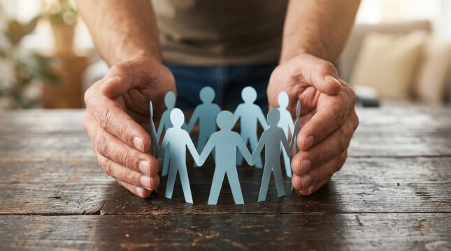 Hands protecting paper chain people. Concept of social security and community support.