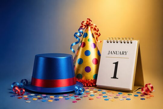 New year celebration composition with blue top hat and colorful party cone next to desk calendar showing january first date on gradient background with confetti.