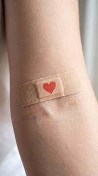 Close up arm with adhesive bandage printed heart for world blood donor day poster and awareness banner design