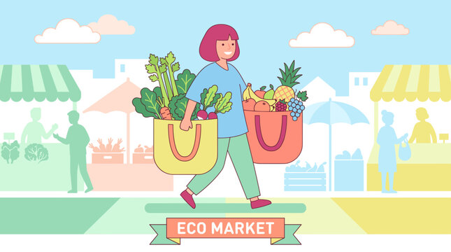 Woman smiles, carrying vibrant produce at eco market. Colorful bags hold fresh greens, fruits, and vegetables. Background shows stalls under bright, cheerful skies