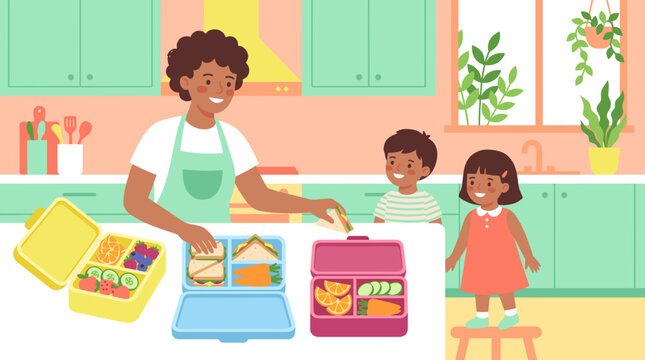 Warm kitchen scene with mother and two children. Mother prepares a colorful lunchbox with care and joy. Children watch with smiles, showing happiness and curiosity