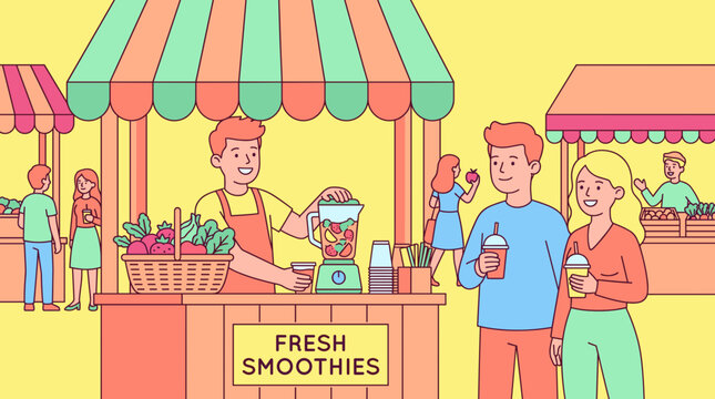 Bright stall offers fresh smoothies to cheerful customers. Vendor smiles while blending vibrant ingredients. Two people enjoy drinks, looking delighted. Pastel colors and stripes create a sunny