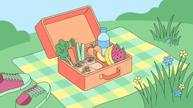 Bright picnic basket holds fresh, colorful food. Green checkered blanket spreads on grassy field. Pink sneakers rest beside the basket. Blue flowers bloom nearby in soft breeze
