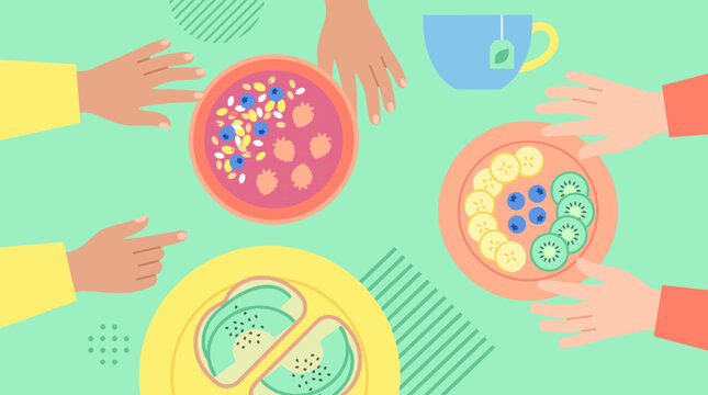 Hands gather around colorful bowls of vibrant breakfast treats. Pastel tones radiate warmth and shared joy. Fruits, nuts, and seeds add texture and freshness