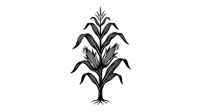 Black and White Illustration of a Corn Stalk with Two Ears of Corn