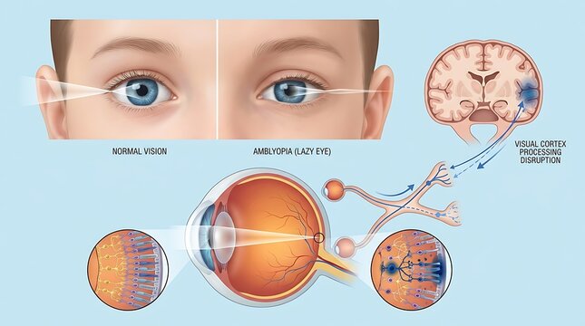 Pediatric amblyopia educational diagram comparing normal vision with lazy eye condition showing visual cortex processing disruption and detailed anatomical views of the human eye and optic nerve.