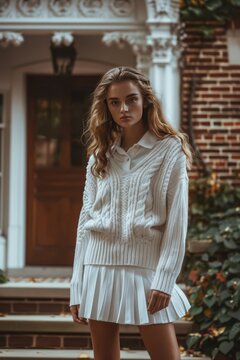 Elegant fashion portrait of a model wearing a white cable knit sweater and pleated tennis skirt in front of ornate doorway for editorial use