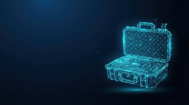 Isolated 3D-rendered briefcase with geometric mesh design, open lid, glowing cyan-blue edges, set against dark gradient backdrop. Studio lighting emphasizes sharp edges and futuristic tech feel.