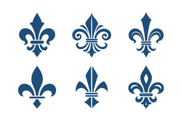 Blue Fleur De Lis Pattern Set with Six Lily Emblems isolated on transparent background heraldry symbol crest lily ornament © R.TREANDS