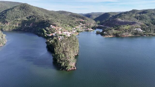 Drone Panorama of Dornes and the Z&ecirc;zere River, Portugal