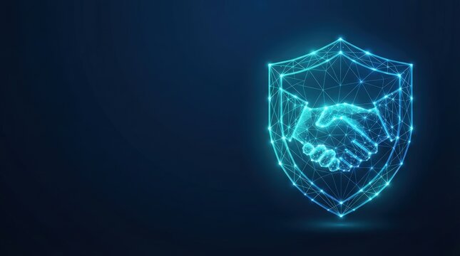 3D-rendered glowing shield with handshake icon, studio lighting, dark background, abstract geometric style, modern corporate theme. Ideal for tech and security concepts.