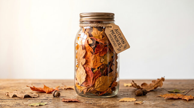 glass jar filled with dried colorful autumn leaves with a paper tag reading autumn memories preserved on rustic table
