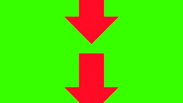 Red arrows are moving and pointing downward. Loop animation, direction, point to something, below, orientation. Chromakey, green screen, cut out.