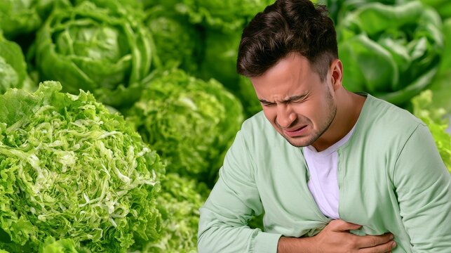 Man suffering severe stomach pain and cramps after eating contaminated shredded iceberg lettuce, showing foodborne illness symptoms, digestive discomfort, salad recall concerns, and health risks