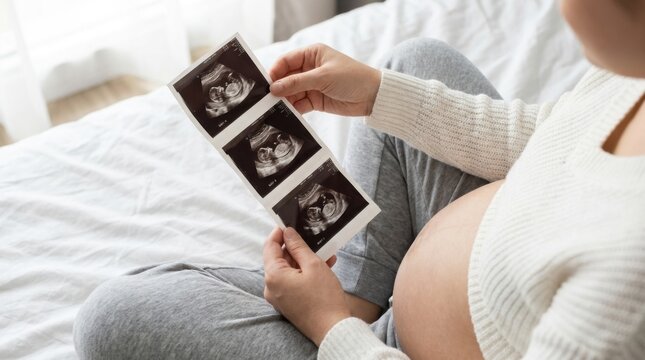 Pregnant woman holding ultrasound scan. Expectant mother looking at baby sonogram photo.