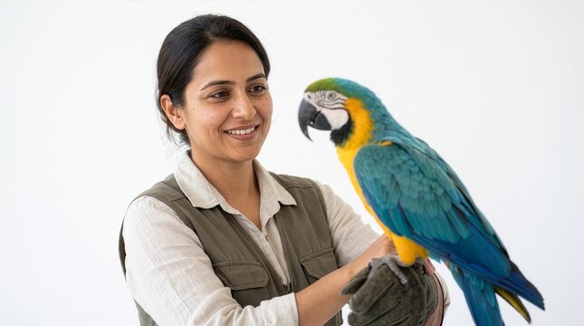 Smiling female zookeeper holding a colorful blue and yellow macaw parrot on her gloved hand with gentle care