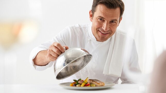 Professional male chef presenting a gourmet dish under a cloche dome revealing hot steam in fine dining restaurant