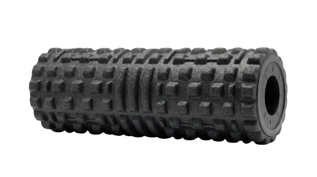 Black textured foam roller for muscle recovery, professional deep tissue massage roller, fitness equipment for myofascial release and yoga