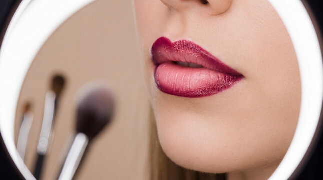 Ombre lips makeup gradient lipstick woman beauty cosmetics burgundy pink showing contour blending into soft center concept for editorial cosmetic advertising salon tutorials and glamour campaigns