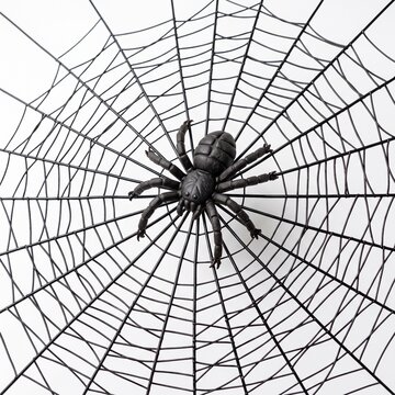 Intricate Black Liquorice Spider Web with Salmiakki Spider on White Background