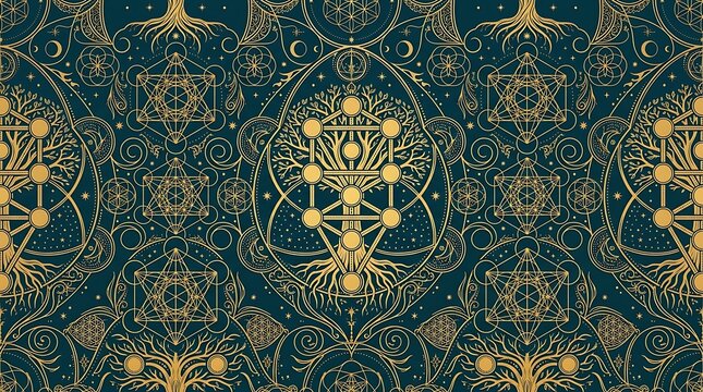 Golden mystical tree of life and sacred geometry on dark background