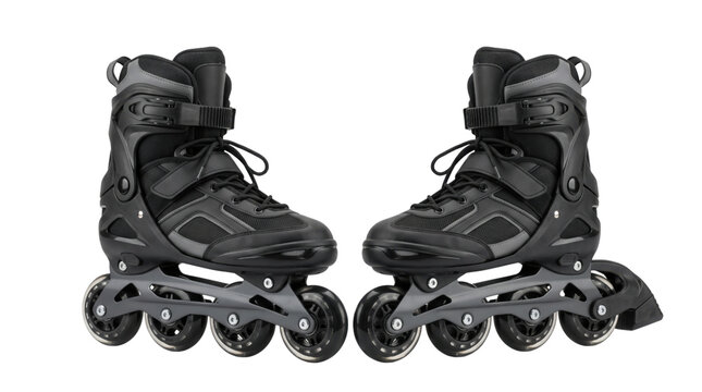 Professional black inline skates for fitness and recreation, pair of modern rollerblades with four wheels, athletic skating equipment on white background