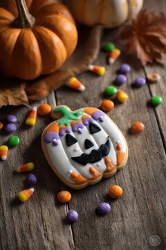 Iced pumpkin jack o lantern cookie surrounded by candy and small pumpkins for halloween background and party banner design