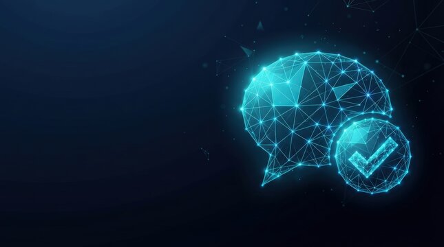 Abstract 3D digital brain graphic with interconnected nodes and a security checkmark symbol, futuristic lighting, dark background, studio setting, conveying trust and technology integration.