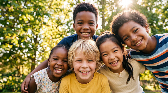Joyful portrait of a diverse group of happy children celebrating International Children's Day outdoors in a sunny summer park. Multiethnic childhood friends laughing, playing, and enjoying time togeth