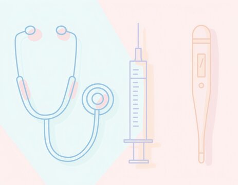 Minimal soft pastel line art vector illustration featuring three essential medical icons including a stethoscope syringe and digital thermometer