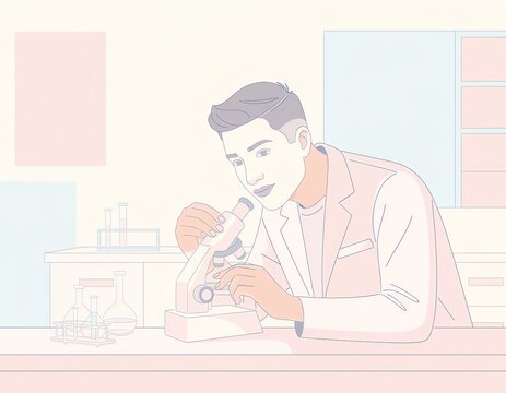 Soft pastel line art vector illustration of a male laboratory technician or scientist examining a specimen using a microscope at a lab desk