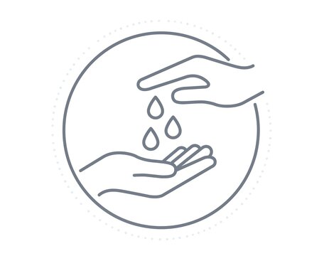 Simple line art vector icon depicting liquid drops falling onto open palms inside a circular border representing hand sanitization