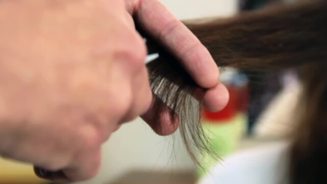 Hairdresser Cutting Ends Of Woman Hair With Scissors In Salon Close Up - 4K