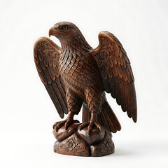 Fototapeta premium Handcrafted Intricate Wooden Eagle Statue with Detailed Feathers Isolated on White Background