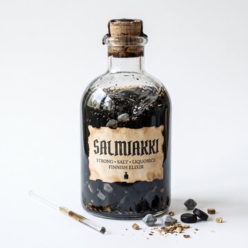 Glass Potion Bottle Labeled Salmiakki with Dark Bubbling Liquid on White Background