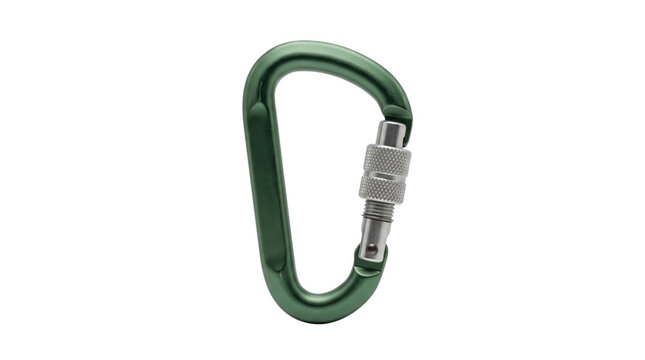Green metallic carabiner with screw lock gate, professional rock climbing equipment for safety, heavy duty aluminum snap hook on white background