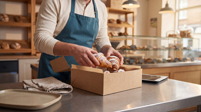 Bakery employee in an apron packs freshly baked croissants into a cardboard box while preparing a takeaway customer order in a modern pastry shop